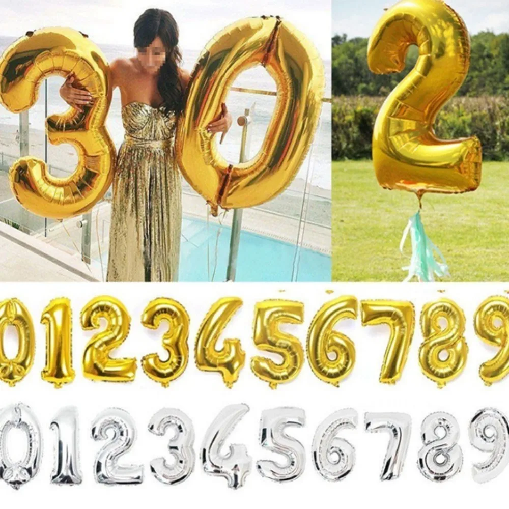 21 дюймов Золото Серебро количество фольгированные шары цифра воздушные с днем