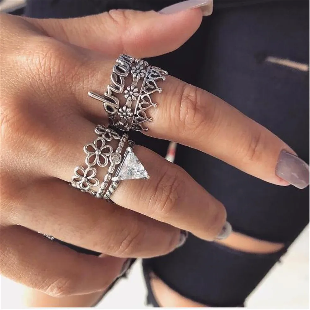 New Retro Creative Letter Joint Ring Alloy Ancient Silver Plum Blossom 6 Piece Set Unisex Fashion Rings | Украшения и аксессуары