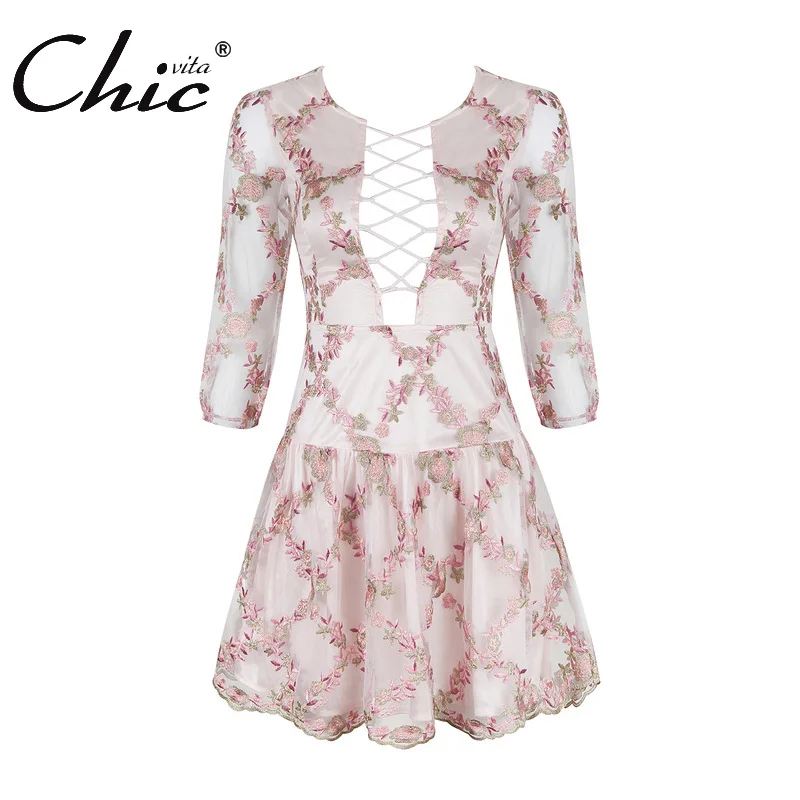 Chic Vita Sexy Глубокий V длинный рукав вышивка летнее женское платье Мода Мини Твердые