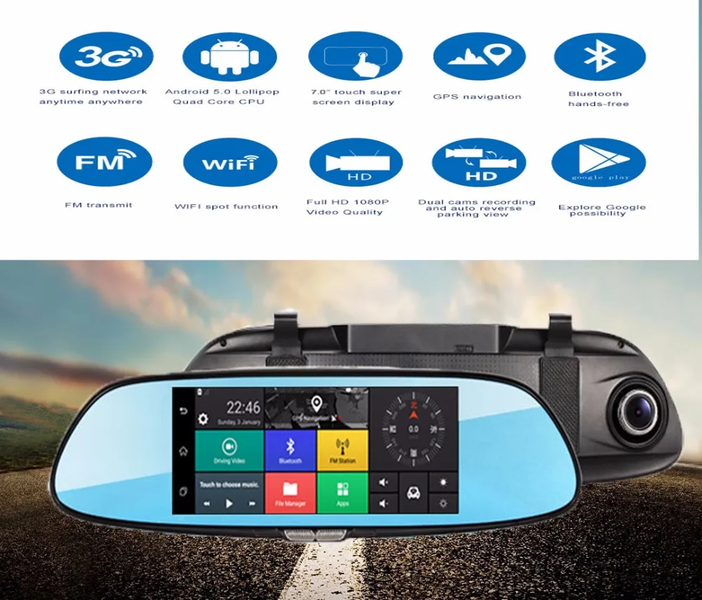 BesMoonsee 3G 7 дюймов Автомобильный видеорегистратор зеркальная камера Android GPS Wifi FHD 1080P