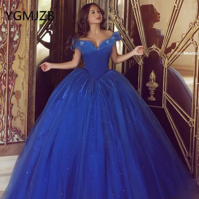 

vestidos de 15 anos 2019 Royal Blue Puffy Ball Gown Quinceanera Dresses Long V Neck Off the Shoulder Party Sweet 16 Dresses