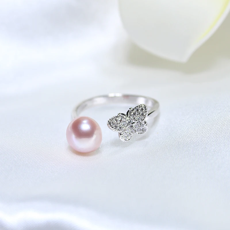 YIKALAISI 925 серебро натуральный пресноводный жемчуг Бабочка модные кольца ювелирные украшения для женщин 8-9 мм сплюснутая жемчужина