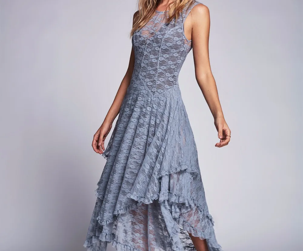 Лето 2017 г. Boho Раффлед обрезки Низкая V-Back Dress хиппи Стиль Асимметричный вышивка Sheer