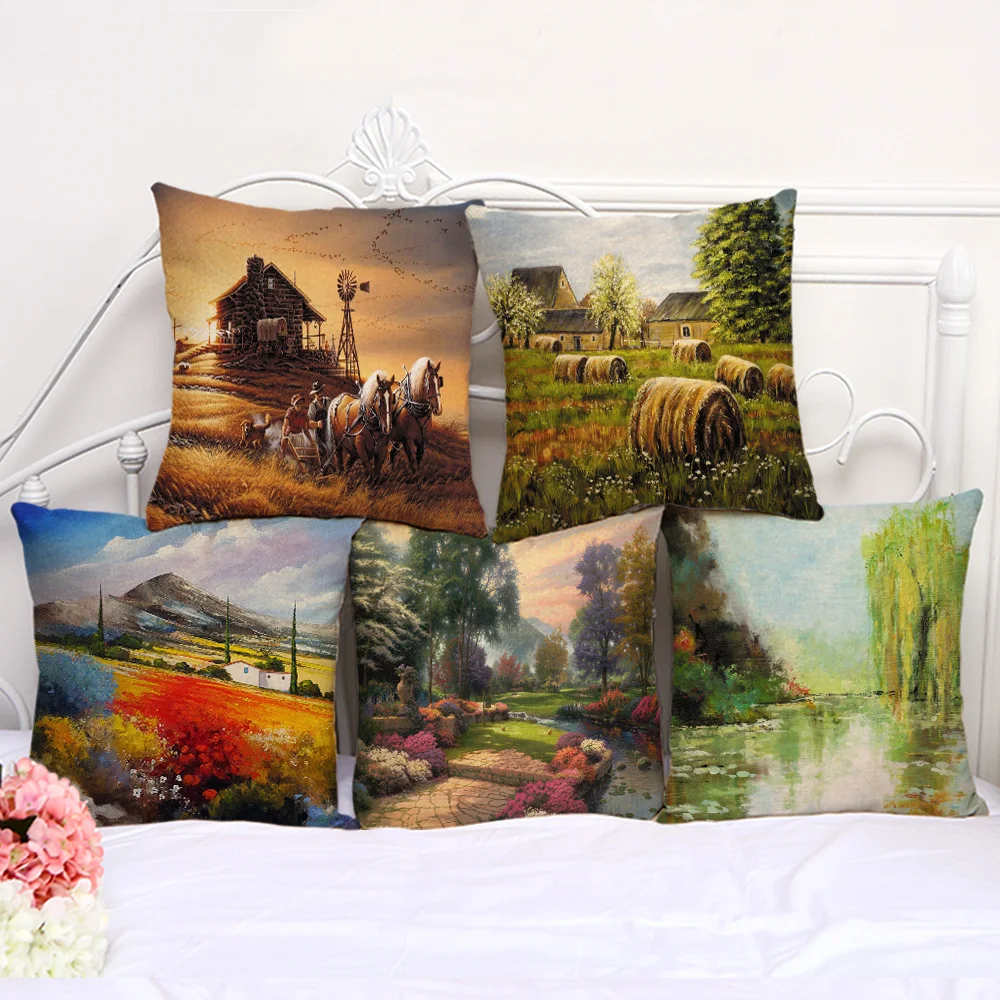 Страна живописные картины для подушек из хлопка и льна декоративная наволочка квадратное сиденье стула размером 45*45 см наволочка F1008