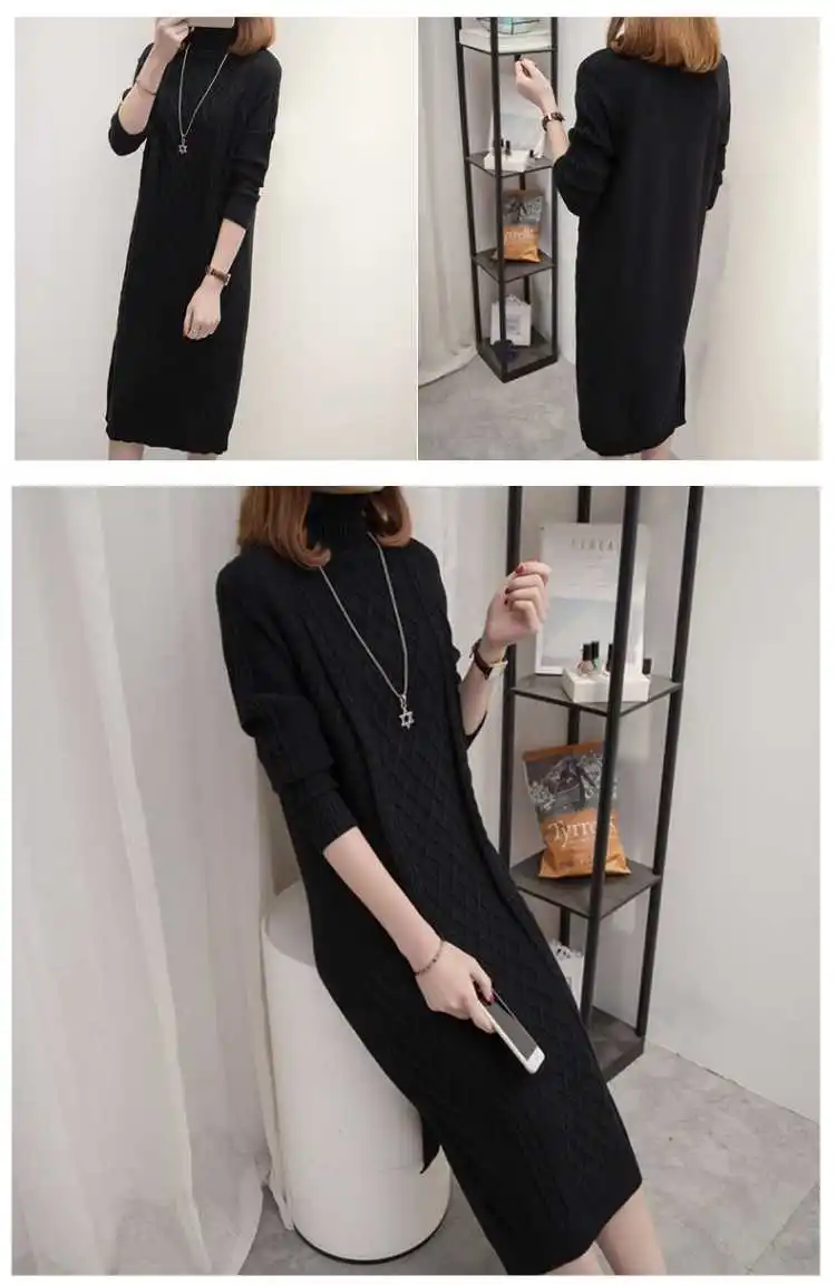 New Fashion Autumn Winter Women Knitting Middle Long Dresses Female Turtleneck Long Sleeve Warm Thick Dresses Pullovers F15