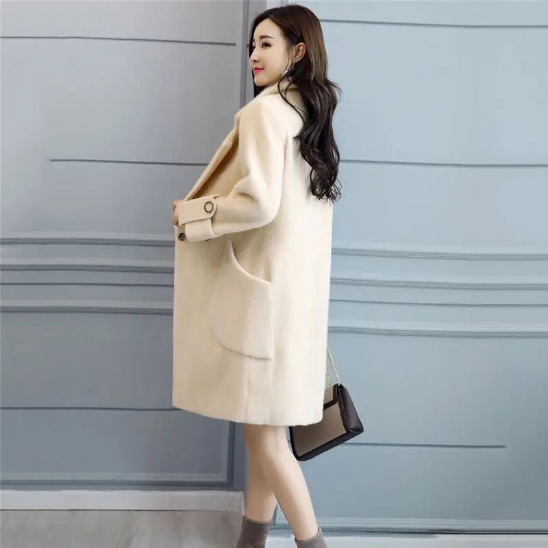 

2019 New Fashion Winter Women Middle Long Faux Mink Fur Coats Female Loose Elegant Big Pockets Lapel Outerwear Warm Jackets C36