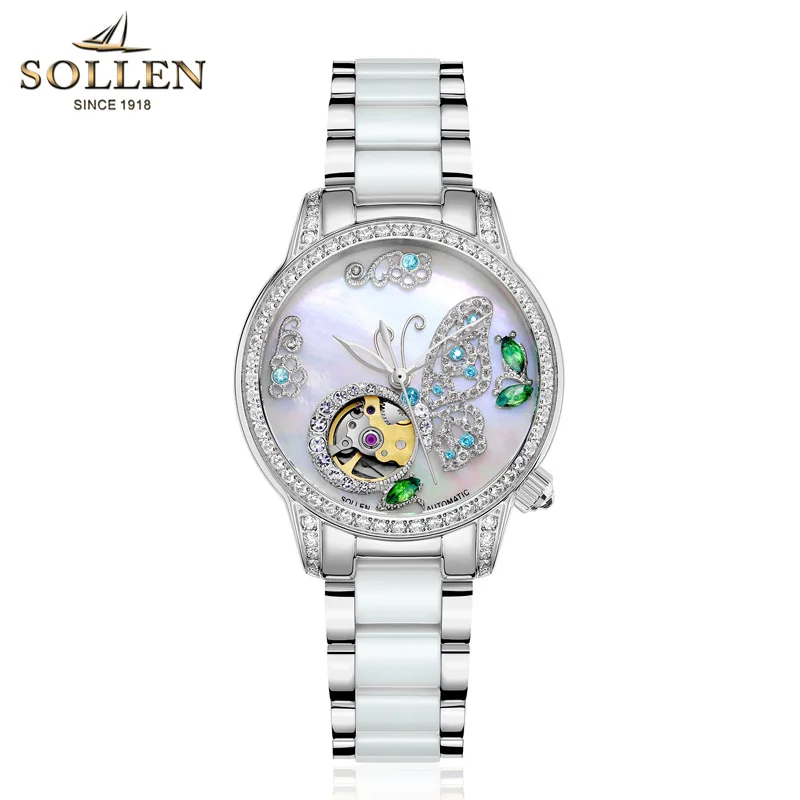 Relogios Feminino SOLLEN Топ люксовый бренд женские часы Изумрудная бабочка керамический