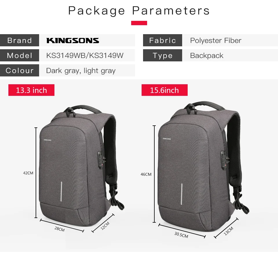 Kingsons рюкзак с противоугонным замком для телефона, сумки для ноутбука, 1" 15", usb зарядка, рюкзаки, школьная сумка, мужские сумки на плечо
