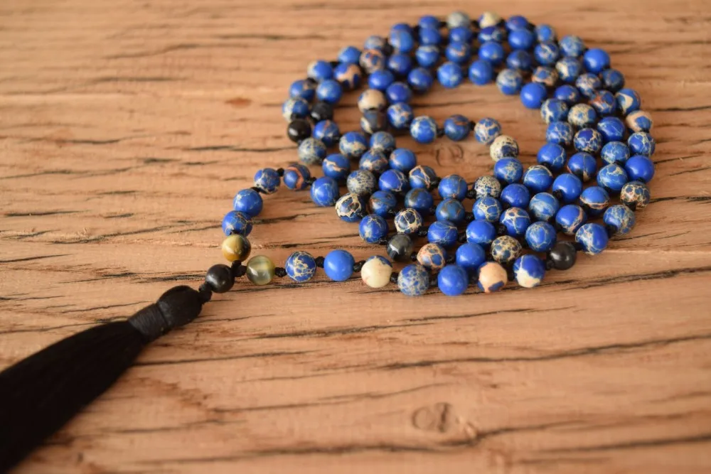 108 Mala Beads синее регалитовое ожерелье буддийские ювелирные изделия тигровый глаз