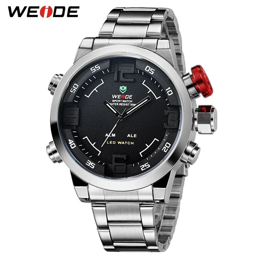 WEIDE Роскошные Серебряные Часы Из Нержавеющей Стали Мужские Кварцевые Цифровой СВЕТОДИОДНЫЙ Двойной Движение Сигнализации Авто Дата Водонепроницаемый Мода Повседневная Часы