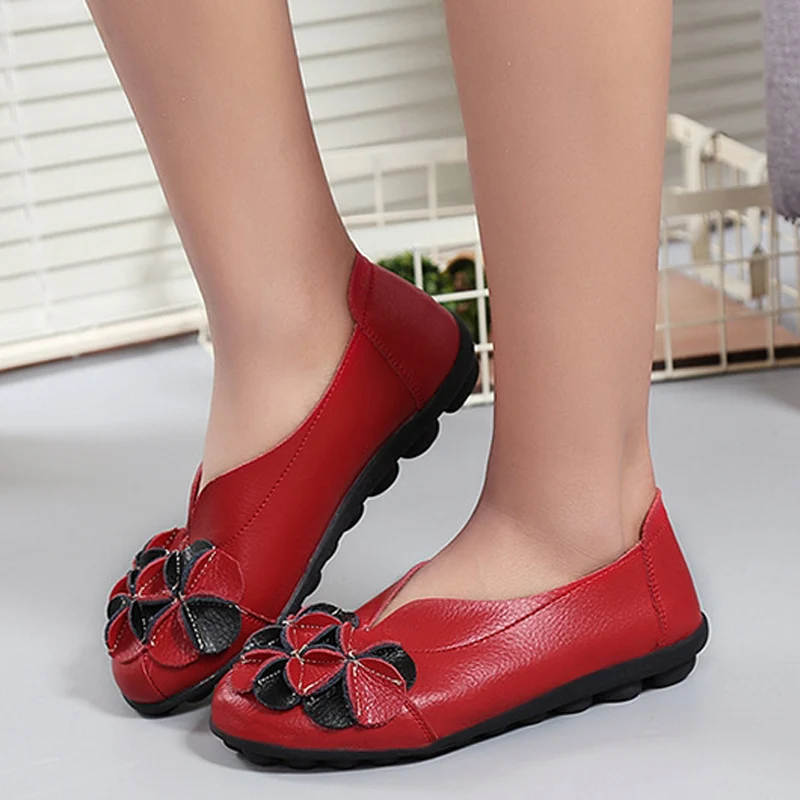 Летние Женские Кожаные Ботинки Женщина Сплит Мокасины С Цветами Мягкие Квартиры