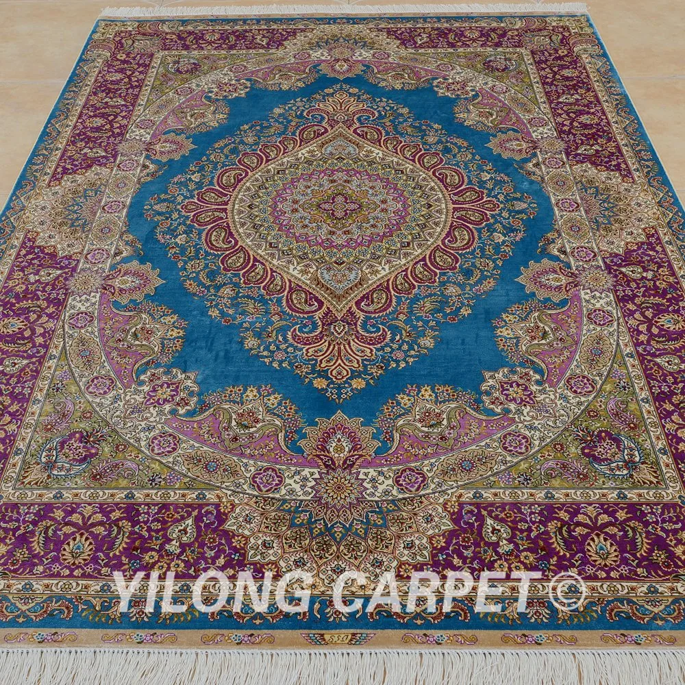 Yilong 5 &quotx 7 5&quot Тебриз ковер из шелка синий медальон ручной работы изысканный