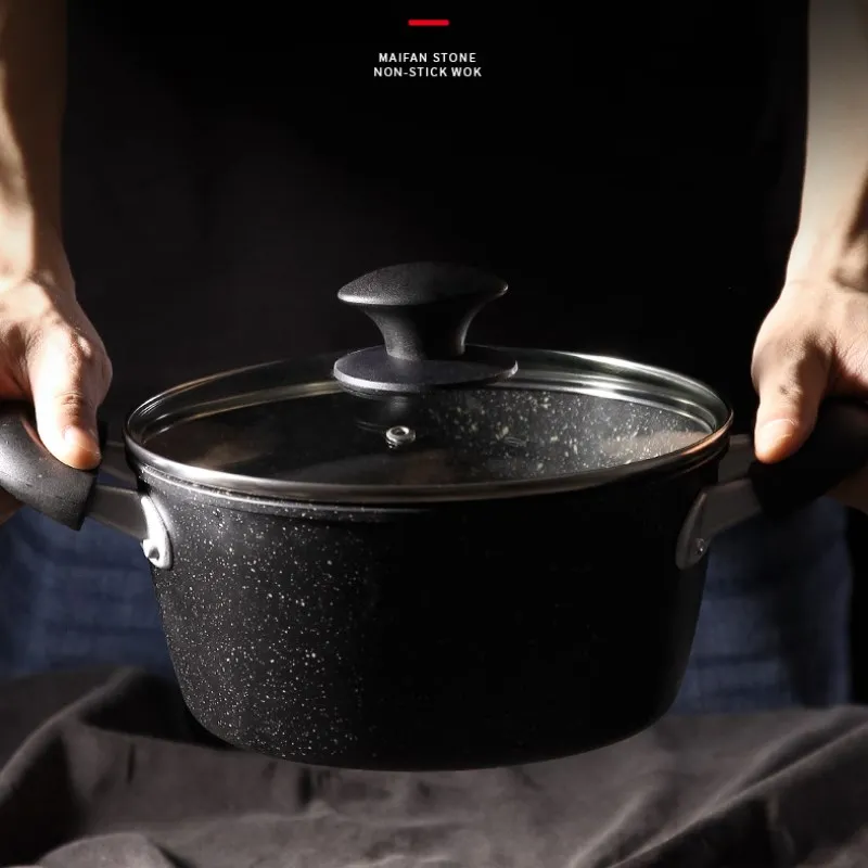 22CM Binaural Soup Pot Non-stick Cooker Noodle Pot Thickening Deepening Rice Stone Pot Rice Pan Kitchen Supplies