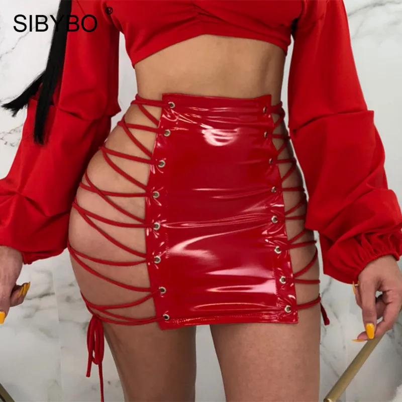 Sibybo, сексуальные женские юбки из искусственной кожи на шнуровке, с выемкой, высокая талия, мини-юбка-карандаш, бандажные, Клубные, вечерние, летние, женские юбки