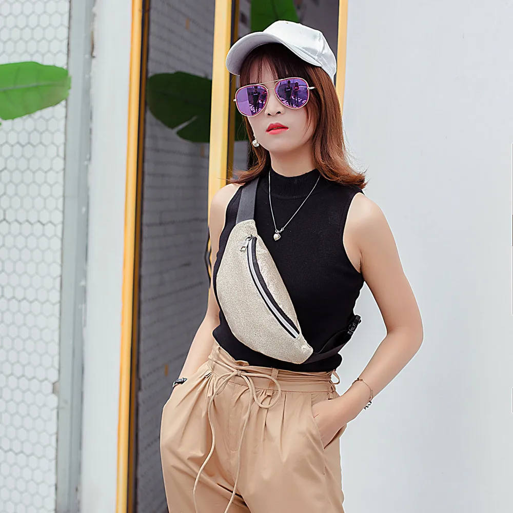 

BONAMIE New Sequins Waist Bags For Women Bling Waist Pack Shoulder Messenger Chest Bag Female Belt Travelling Mobile Phone Bag