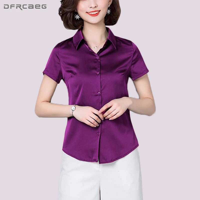 

Solid Fashion Formal Office Satin Blouse Women Elegant Summer Short Sleeve Tops Femme Slim Thin Korean Style Ladies Shirts