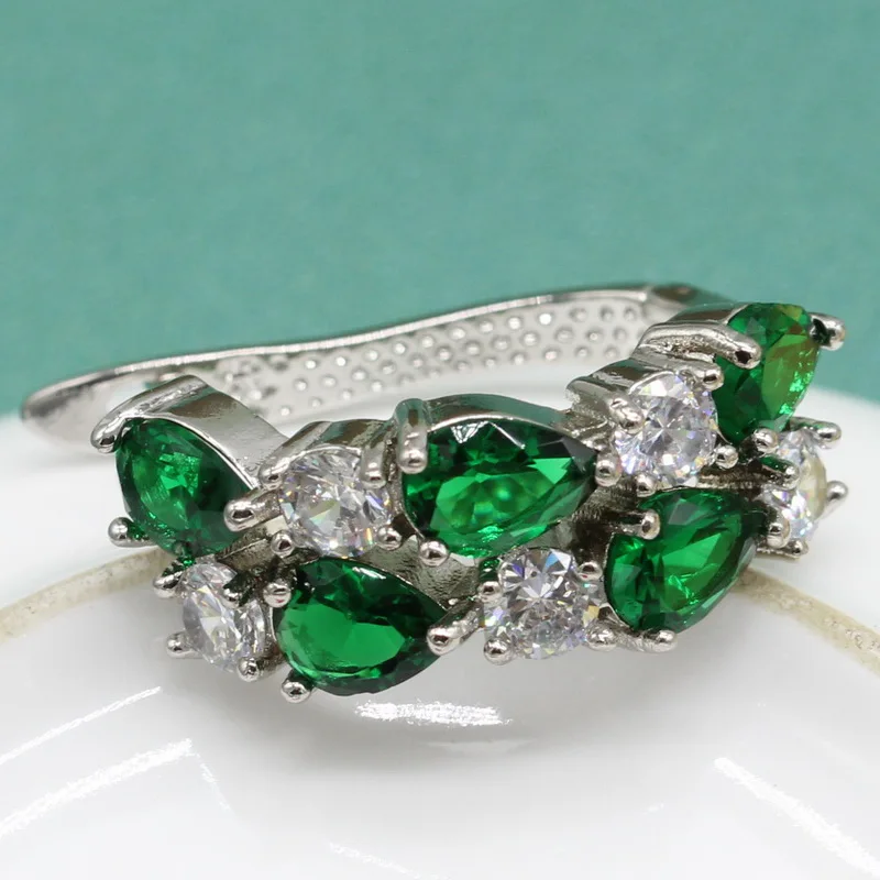Classic Water Drop Green Zircon 925 Silver Jewelry Sets for Women Necklace Pendant Rings Clip Earrings Bracelet Free Box | Украшения и