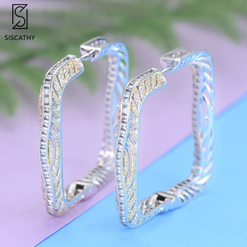 Silver SisCathy, трендовые, Роскошные, квадратные, 3 тона, кубический циркон, массивные, большие серьги-кольца для женщин, свадебные, Дубай, свадебные серьги-кольца - Окраска металла: Silver