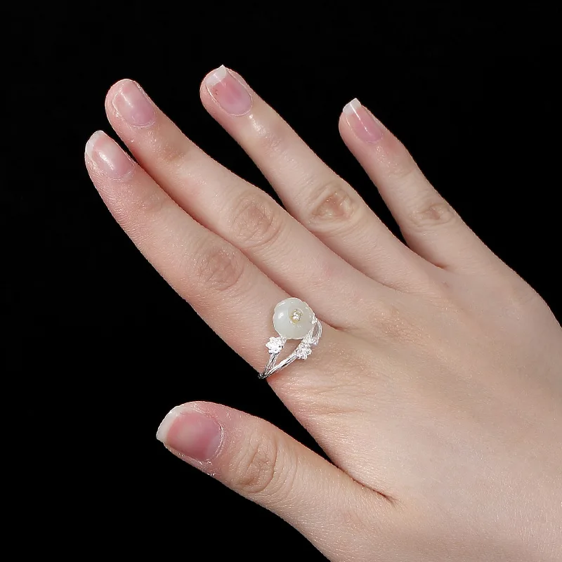 S925 pure silver natural Hetian white saic plum blossom lady high-end open ring | Украшения и аксессуары