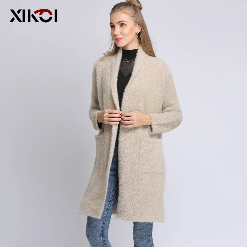 XIKOI Женская шерстяная куртка кардиган средней длины Свободный теплый отворот