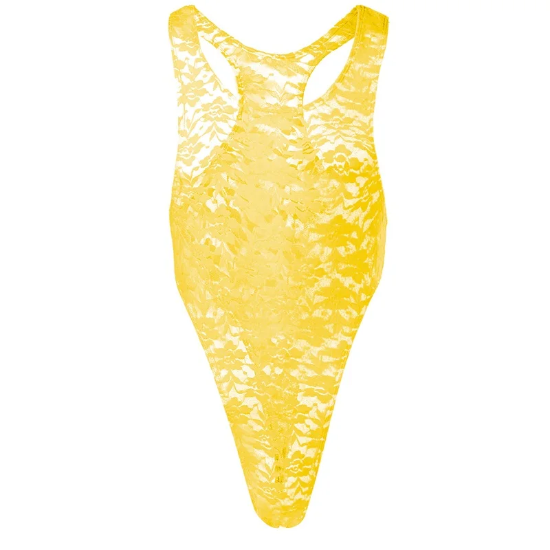 Yellow Сексуальный Для мужчин, с кружевным плетением, прозрачные бикини Боди Нижнее белье Сисси Кружевное боди с цветочным принтом бельё из джерсовой ткани Детский комбинезон для Для мужчин - Цвет: Yellow