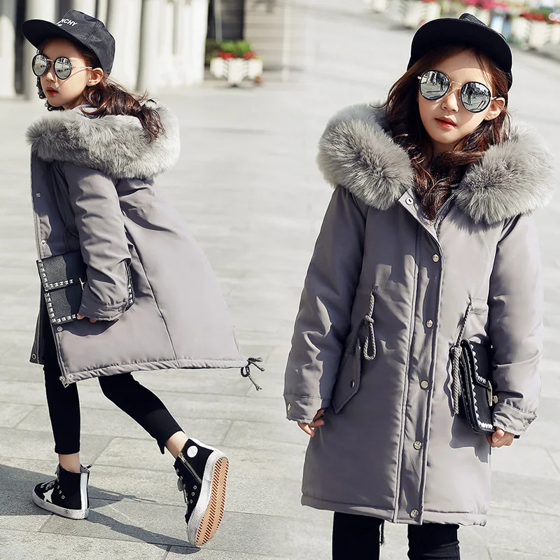 2018 Girls Winter Long Big Fur Collar Thickened Jackets kids Outdoor Hooded Warm Windbreakers Kids Casual Slim Outerwear &amp Coats | Детская
