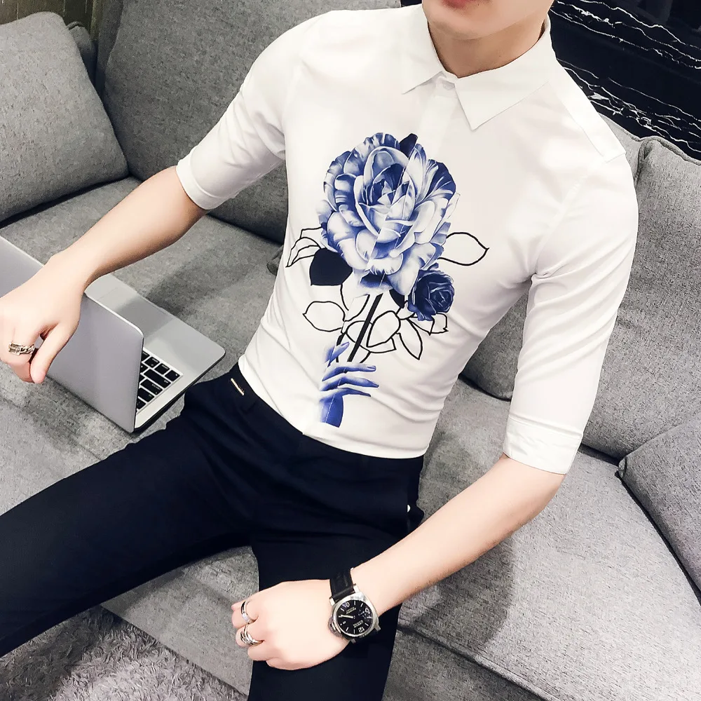 Личность печати рубашка Для мужчин лето 2018 Slim Fit короткий рукав смокинг платье