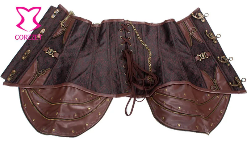 Винтажный коричневый кожаный стальной корсет Corzzet в стиле стимпанк бюстье топ