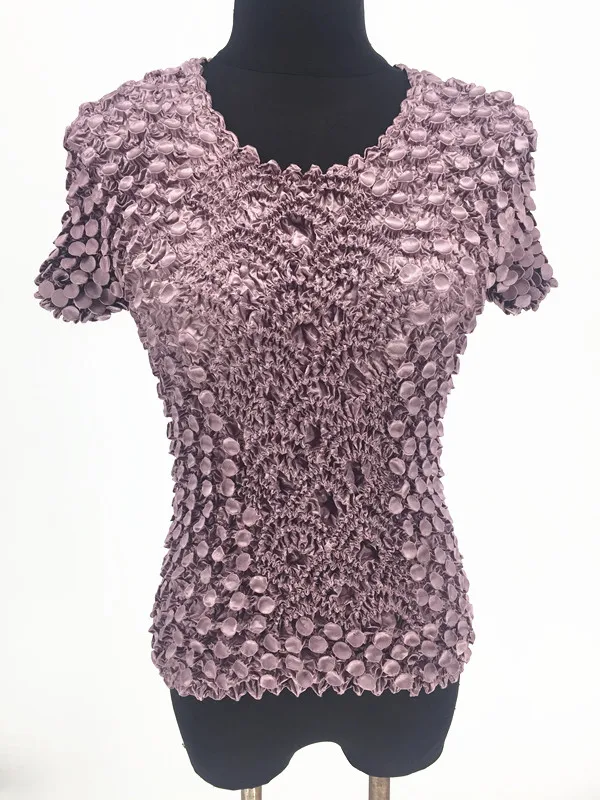 Light Pink Purple Для женщин эластичные попкорна Топы с коротким рукавом рубашка монета рубашки - Цвет: Light Pink Purple
