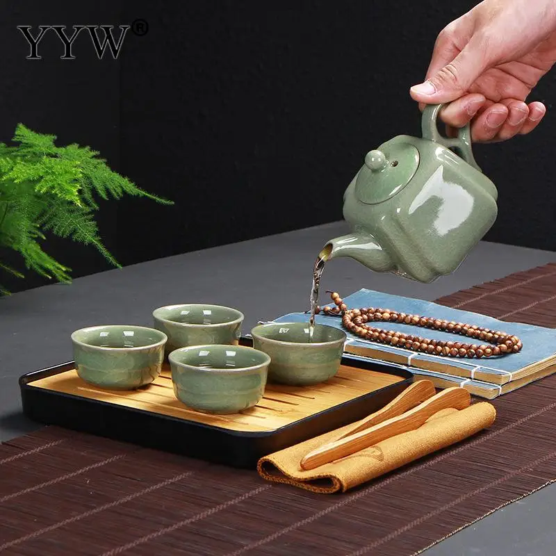 

4pcs Kung Fu Tea Set Chinese Travel Ceramic Portable Tea Set Beautiful And Easy Teapot Kettle Celadon Tray Cup Gift