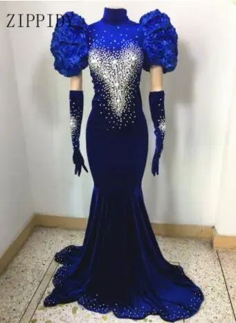 blue Модное вечернее платье со шлейфом, стразы, сексуальное длинное платье для дня рождения, сценический костюм, одежда для выступлений на выпускной - Цвет: blue