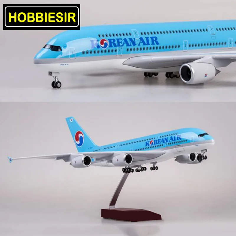 1/160 Scale 45.5CM Plane Airbus A380 Aircraft Korean International Airline Model W Light& Wheel Diecast Plastic Resin Kids Gift