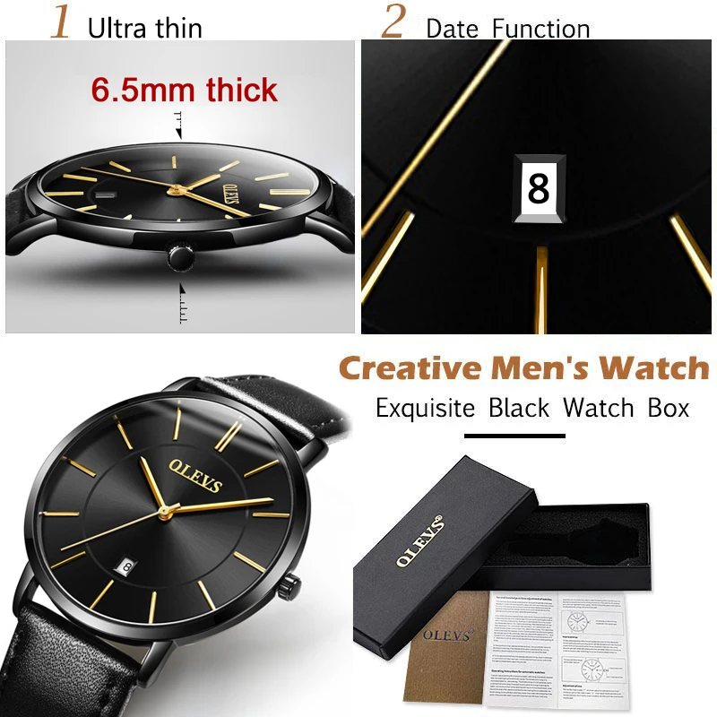Ультра тонкие повседневные мужские наручные часы черные кожаные мужские часы бизнес Дата кварцевые мужские часы водонепроницаемые мужские часы montre homme