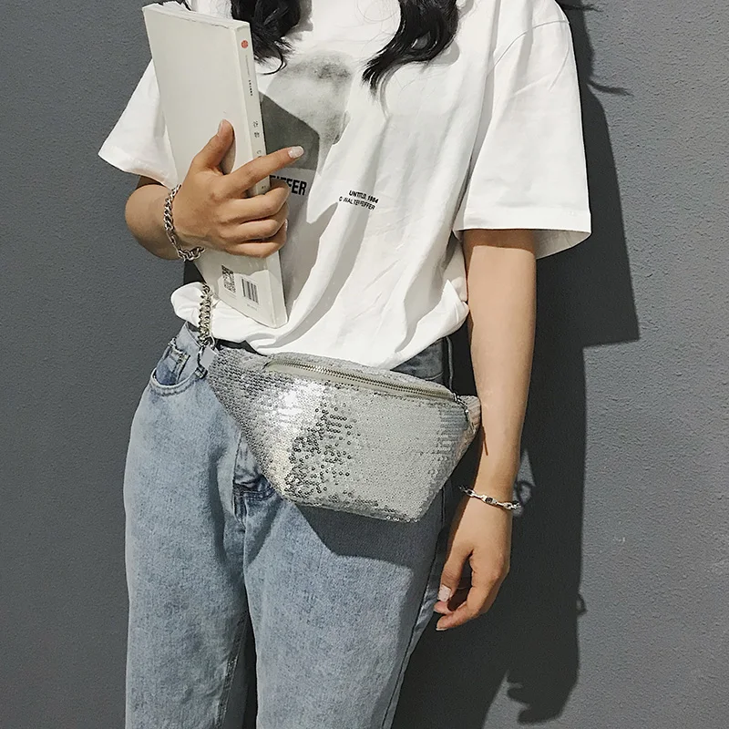Engyee Для женщин моды 2018 талии мешок блестка мини Crossbody сумки для бюст роскошь цепи