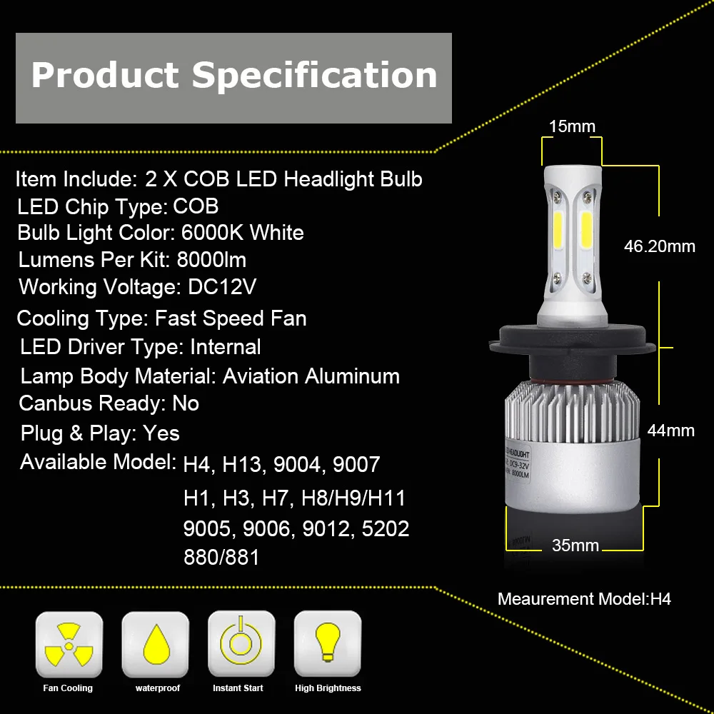 YHKOMS Автомобильные фары H11 H7 LED H4 H1 H3 880 881 9005 9006 H13 9004 9007 светодиодные лампы COB 6500K