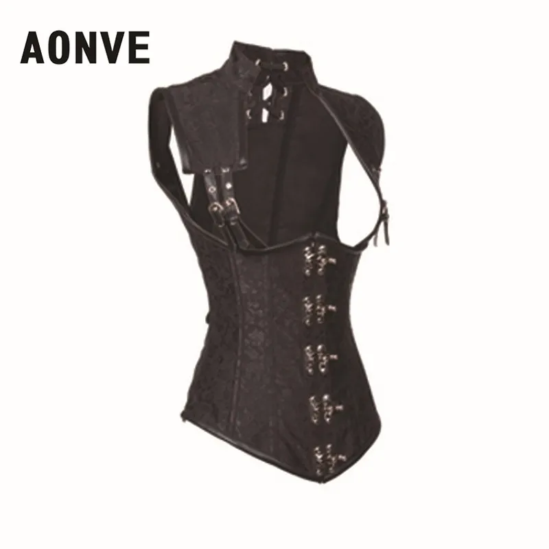 Черный корсет в стиле стимпанк Женский парчовый Готический со стальными костями