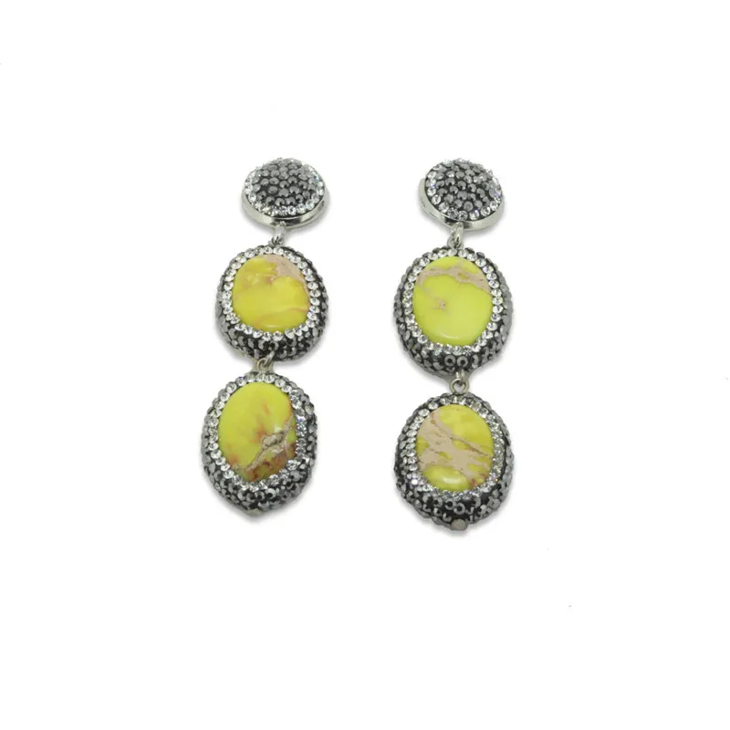 Natural 3 color double oval green blue stone gem beads charm paved rhinstones long drop dangle earring for women | Украшения и