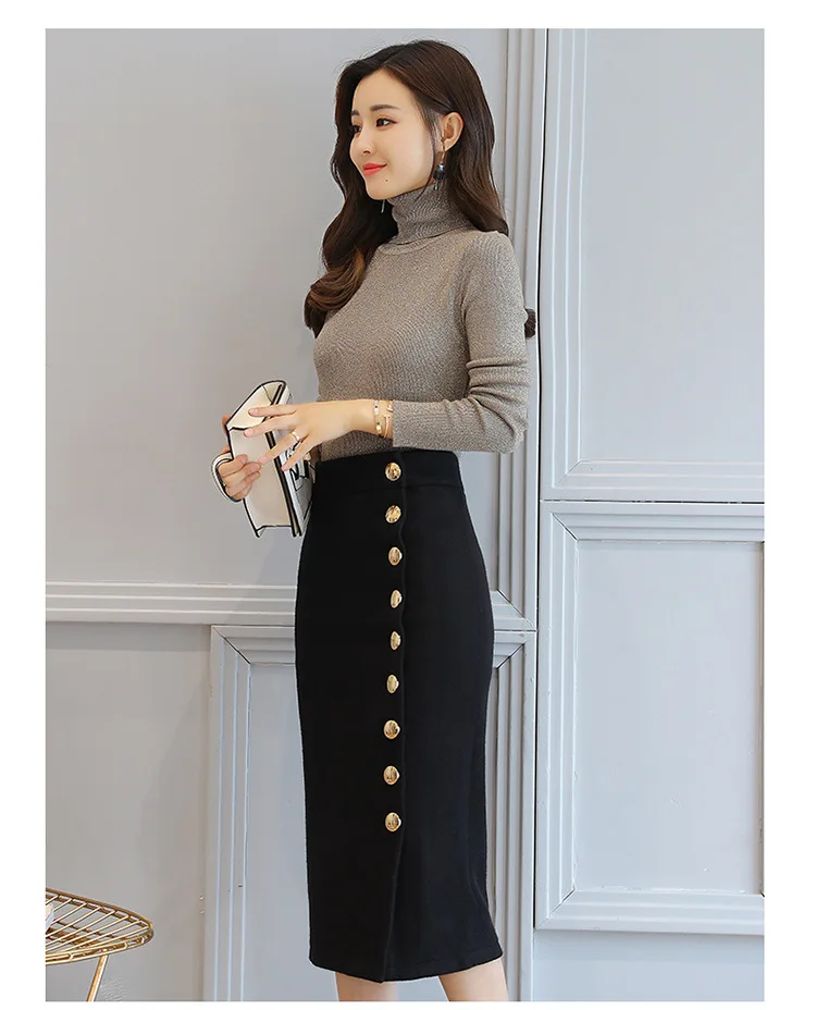 2017 2018 шерстяная Осень Зима Плюс Размер А-линия миди юбка с пуговицами Mujer Женская