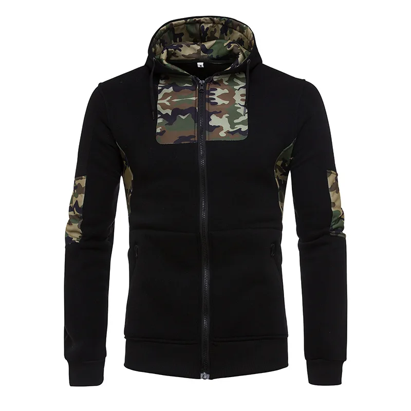 Vogue Hoodies Men Long Sleeve Camo Patchwork Hooded Sweatshirt Male Hoodie Casual Sportswear Balck Zipper Jacket | Мужская одежда