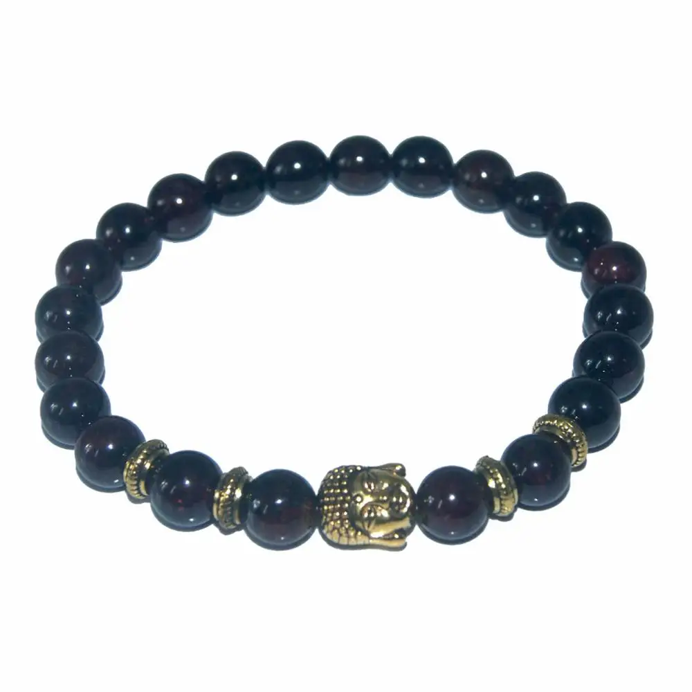 Gold Buddha Head Природный камень 8 мм бусины гранат Сова голова Будды Браслеты на удачу для женщин и мужчин Шарм ювелирные изделия стрейч энергетическая Йога подарок - Окраска металла: Gold Buddha Head