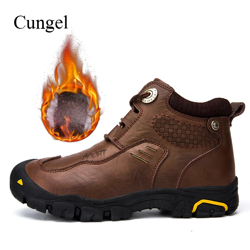 

Зимняя мужская походная обувь Cungel, уличные треккинговые Повседневные Классические ботинки из воловьей кожи, теплые плюшевые Нескользящие ...