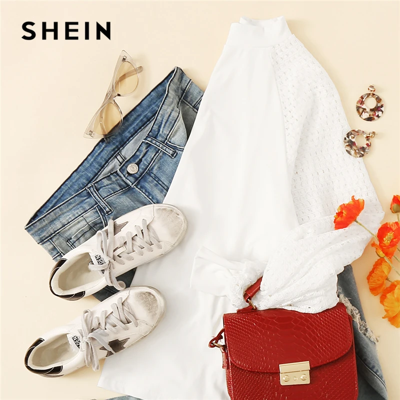 SHEIN Топ С Оригинальным Рукавом И Стоячим Воротником Женская Белая Весенняя Элегантная Блузка С Длинными Рукавами