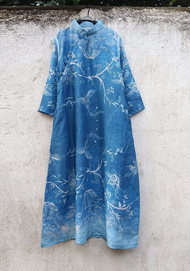 Vintage Stand Collar Three Quarter Sleeve Bird Print Blue Pure Ramie Linen Dress Spring Summer Elegant Lady Quality Retro Robe | Женская