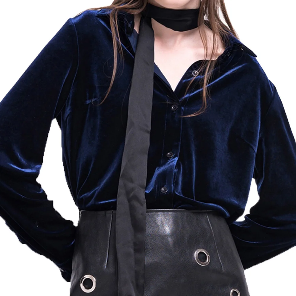 HYH HAOYIHUI Women Long Sleeve Shirt Dark Blue Velvet Office Elegant Blouses Casual Shirts Ladies Blusas Sexy Winter Basic Tops|elegant blouse|shirt