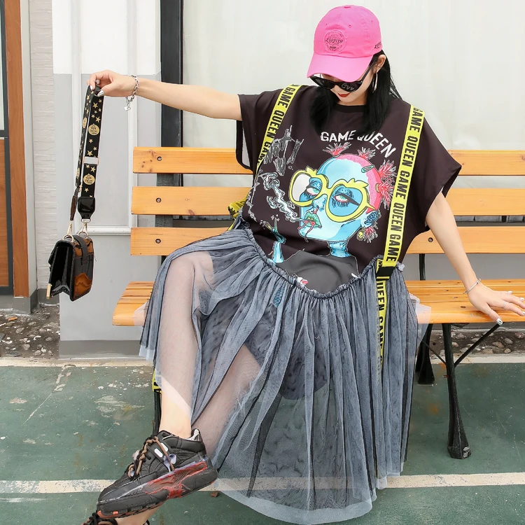 Женское уличное платье с мультяшным принтом новинка Сетчатое комбинированное