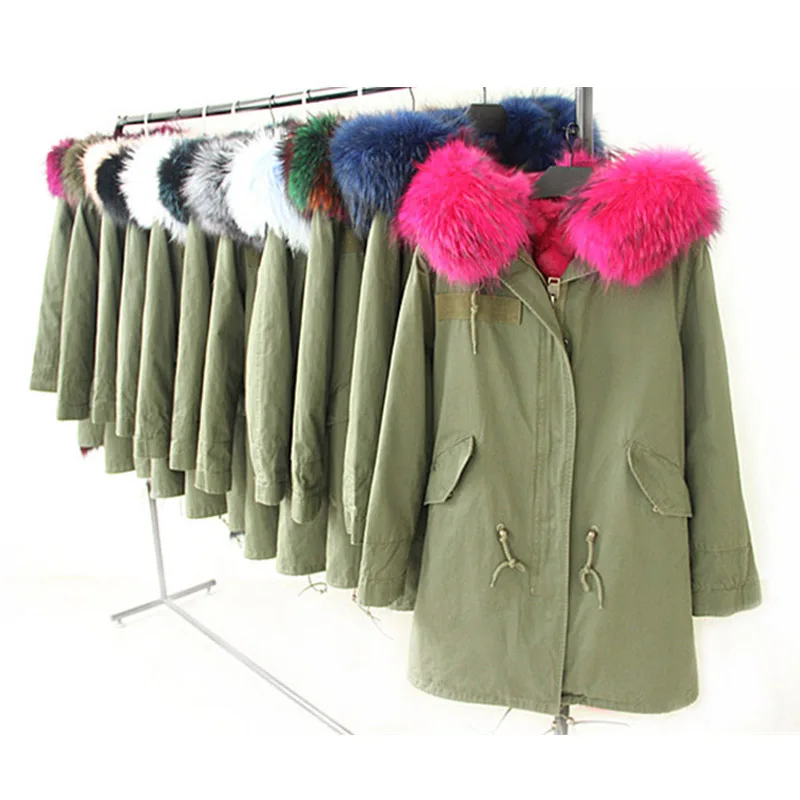 Женское пальто с капюшоном и подкладкой из лисьего меха толстая парка армейского