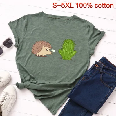 green SINGRAIN летняя кавайная мультяшная футболка Харадзюку Ежик кактус женские Забавные топы размера плюс принт с животными футболка Новинка - Цвет: green