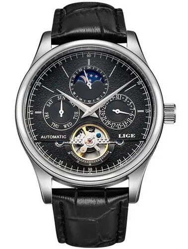 Reloj LIGE Мужские часы механические Tourbillon Роскошные модные брендовые кожаные мужские спортивные часы мужские автоматические часы Relogio Masculino - Цвет: Silver black