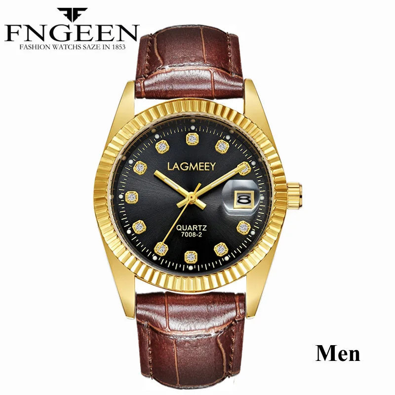Leather Gold Black Золотые часы для мужчин Топ бренд класса люкс с бриллиантами кварцевые часы для пары женские со стальным ремешком светящиеся часы Reloj Hombre Love - Цвет: Leather Gold Black