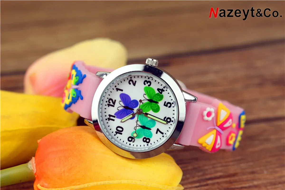 

New luminous silica gel children's wrist watch cute cartoon blue and green butterfly 3D quartz watch